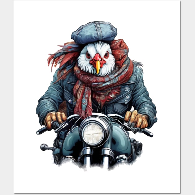 chicken wearing a jackets hat and a scarf on a motorcycle Wall Art by JnS Merch Store